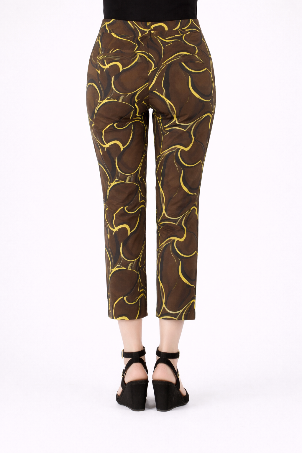 BROMMO printed trousers in brown and gold abstract print with cropped tapered fit by Persona by Marina Rinaldi