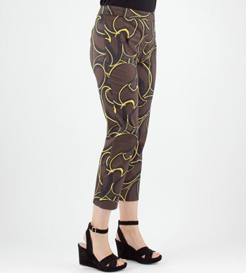 BROMMO printed cropped trousers in brown and gold abstract print with tapered fit by Persona by Marina Rinaldi