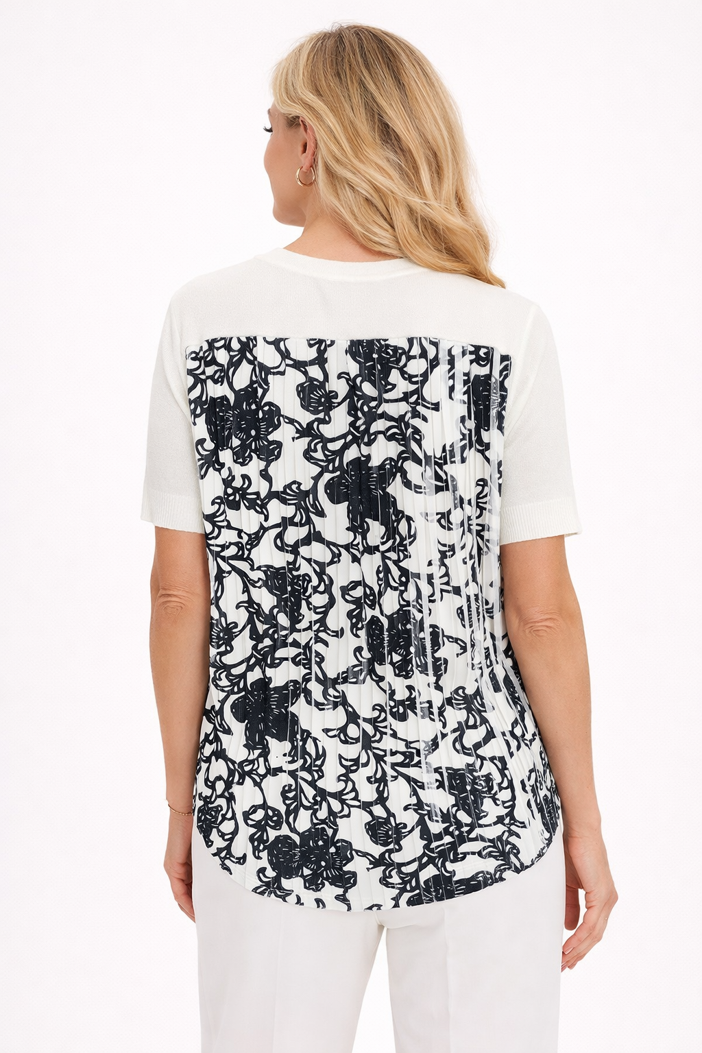 Viscose sweater APOLLO with pleated botanical print back detail and round neckline