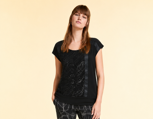 VEZZO Sequin Blouse Marina Rinaldi elegant jersey top with sequin embroidery and satin ribbon trim