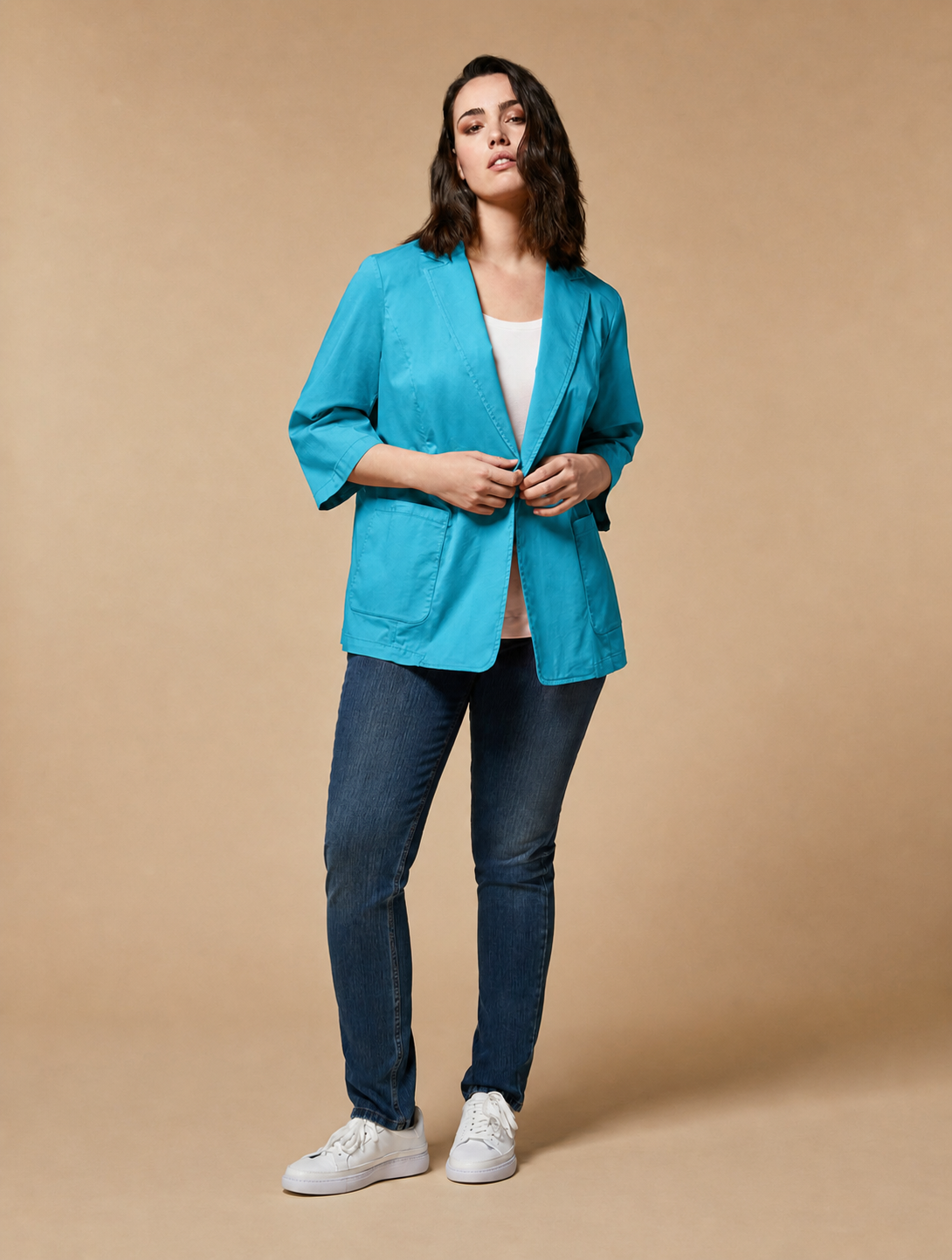 Marina Rinaldi CORO turquoise cotton blazer with tailored silhouette and three-quarter sleeves