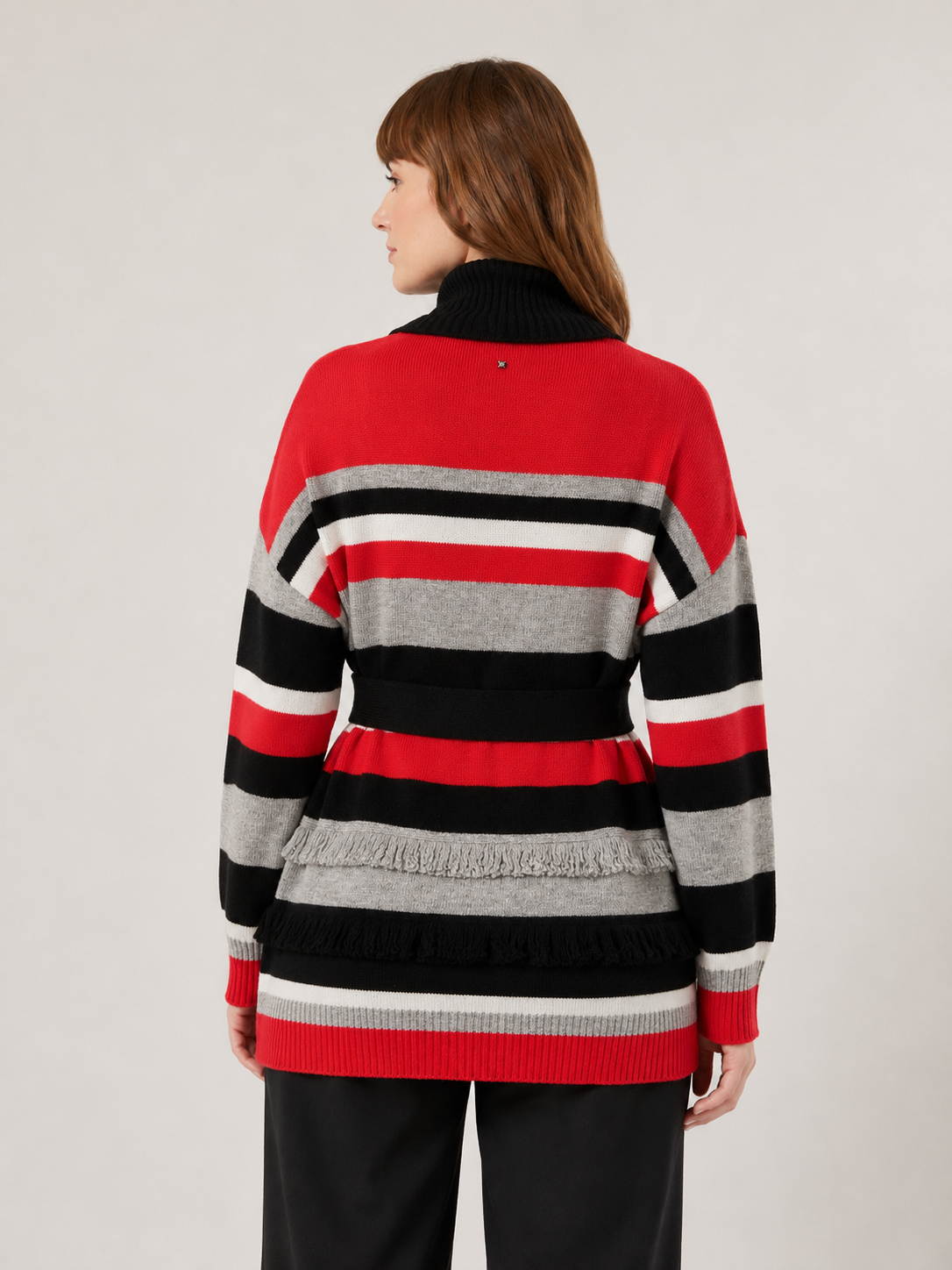 Bright striped cardigan with towel collar, fringed edge, long sleeves, and belt made of linen blend