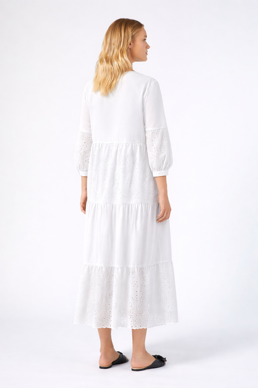 ONTANO Broderie Anglaise cotton dress with flared tiers and V-neckline from Persona by Marina Rinaldi