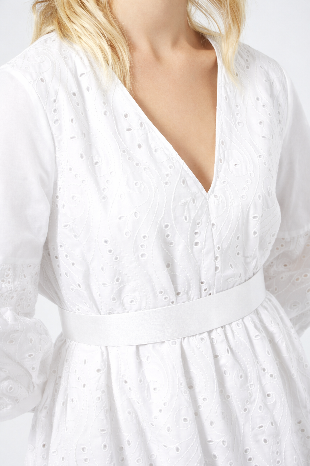 Persona by Marina Rinaldi ONTANO broderie anglaise cotton dress with flared tiered silhouette and V-neckline