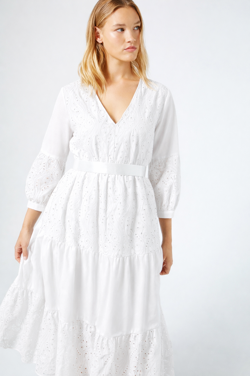 White ONTANO Broderie Anglaise cotton dress with flounced tiers and V-neckline