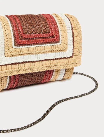 OLIVETO raffia clutch bag with multicolour woven pattern and metal chain strap
