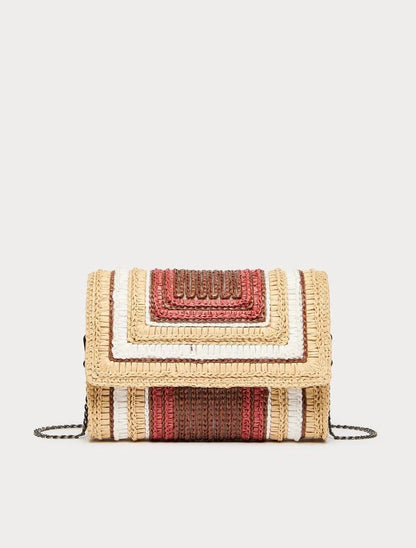 OLIVETO raffia clutch bag with multicolour woven pattern and metal chain strap for summer style