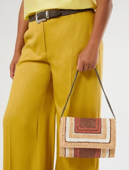 OLIVETO raffia clutch bag with multicolour woven pattern and metal chain strap