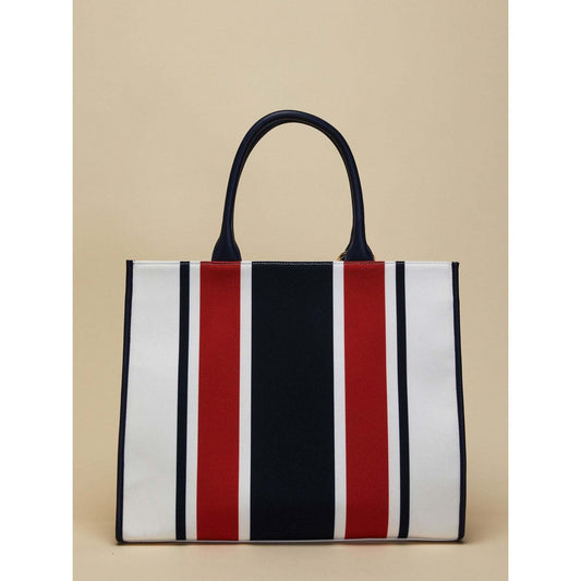 SANDY striped canvas tote bag in red, navy, and white with double handles and tassel pendant
