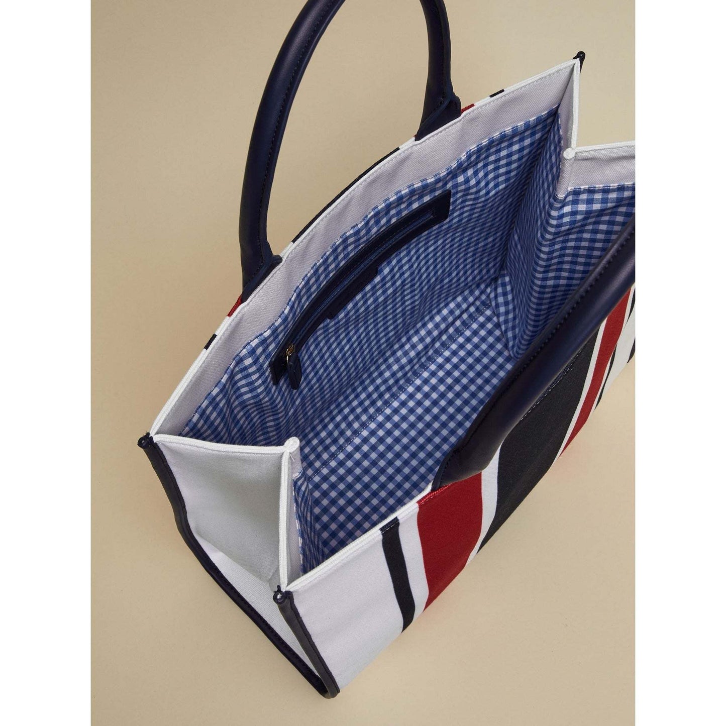 SANDY striped canvas tote bag with red navy white stripes and removable tassel handles