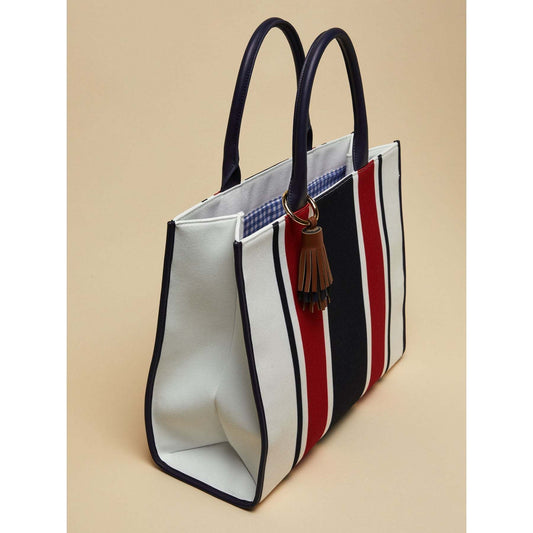 SANDY striped canvas tote bag in red, navy, and white with double handles and tassel pendant