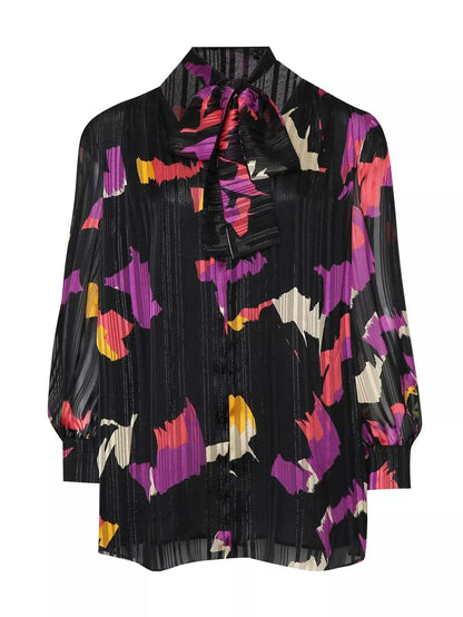 Elegant festive georgette blouse with metallic thread and V-neck bow, perfect for special occasions - Blouse BANNER