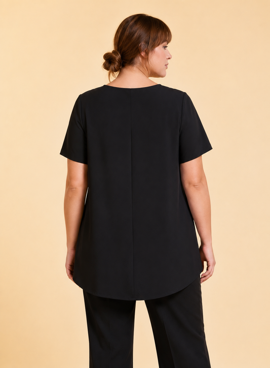 FAIR blouse by Persona with short sleeves, round neckline, and embroidered contrast front panel