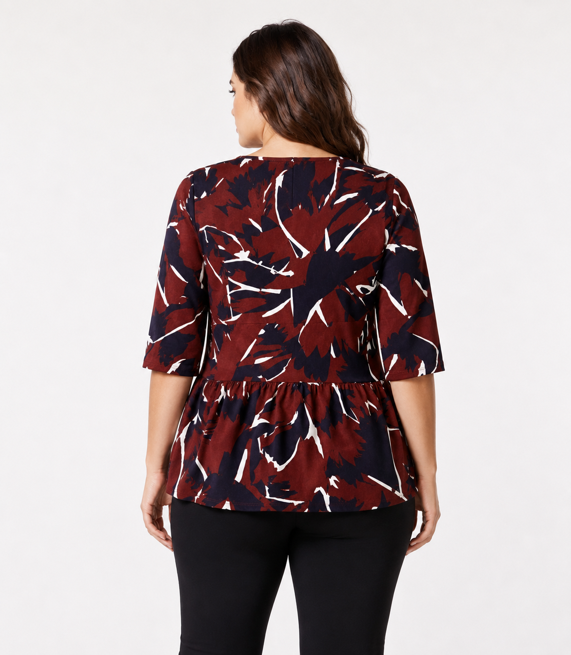 Blouse FAVORIRE with elbow-length sleeves and peplum hem in graphic print, made from stretch polyester for a feminine, structured silhouette.