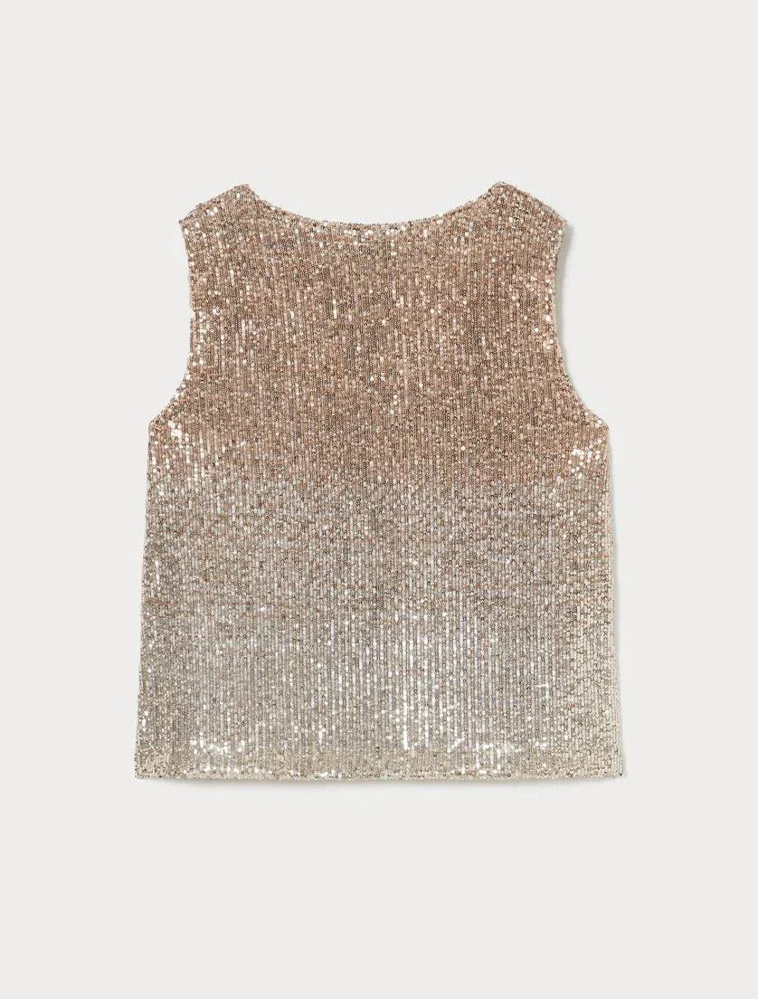 GUSTAVO sequin top with gradient embroidery and wide round neckline from Persona by Marina Rinaldi collection
