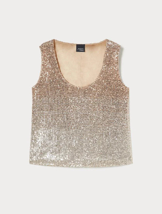 GUSTAVO sequin top with gradient embroidery and wide round neckline from Marina Rinaldi collection