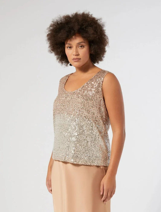 GUSTAVO sequin top with gradient embroidery and wide round neckline from Persona by Marina Rinaldi collection