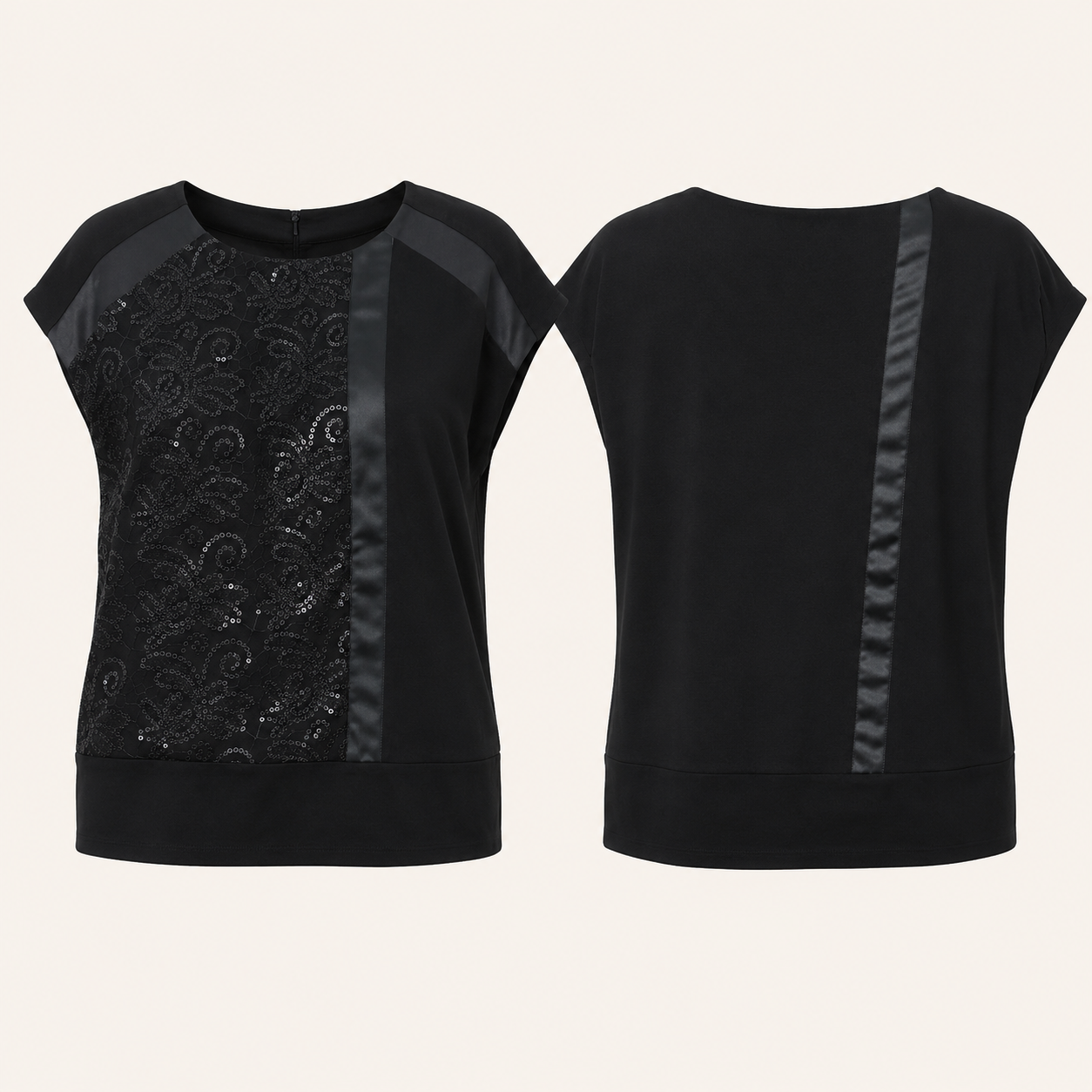 VEZZO Sequin Blouse by Marina Rinaldi with satin ribbon trim and sequin embroidery on front jersey fabric