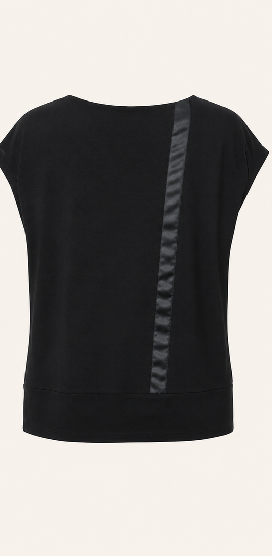 VEZZO Sequin Blouse by Marina Rinaldi, jersey fabric with satin ribbon trim and front sequin embroidery, round neckline, dropped short sleeves, wide waistband.