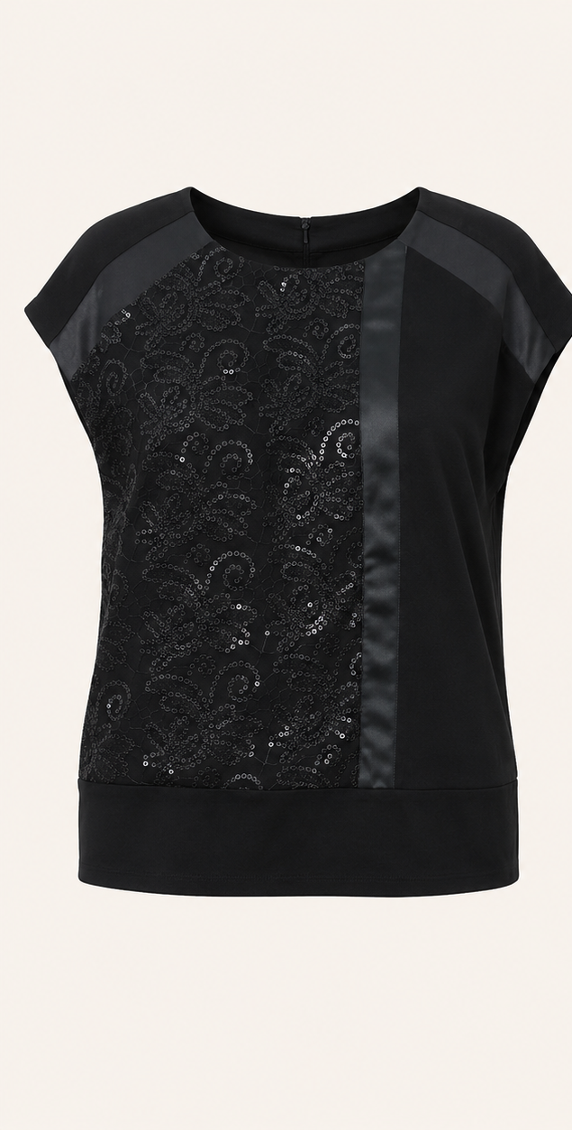 VEZZO Sequin Blouse by Marina Rinaldi with dropped short sleeves, satin ribbon trim, and front sequin embroidery in elegant jersey fabric