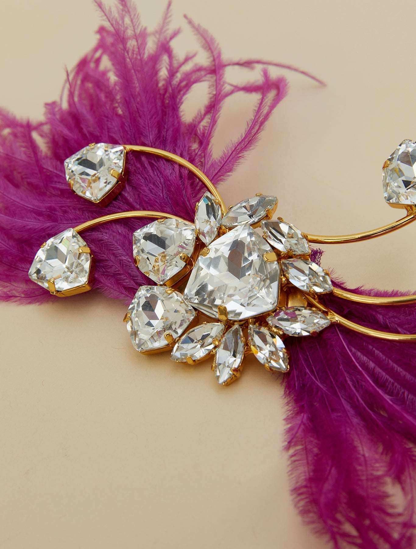 Bejeweled brooch with chatons, feathers, and stones on metal and glass base