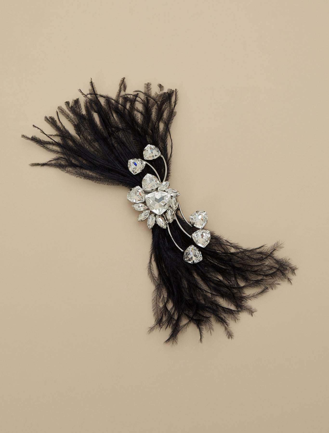Bejeweled brooch with chatons, feathers, and stones on metal base