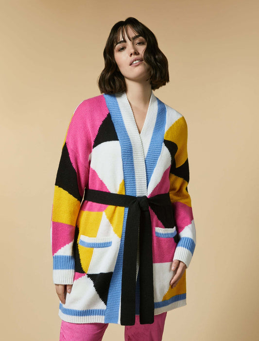 Cardigan MAGICCO cozy wool-blend V-neck cardigan with multicoloured inlay and matching belt