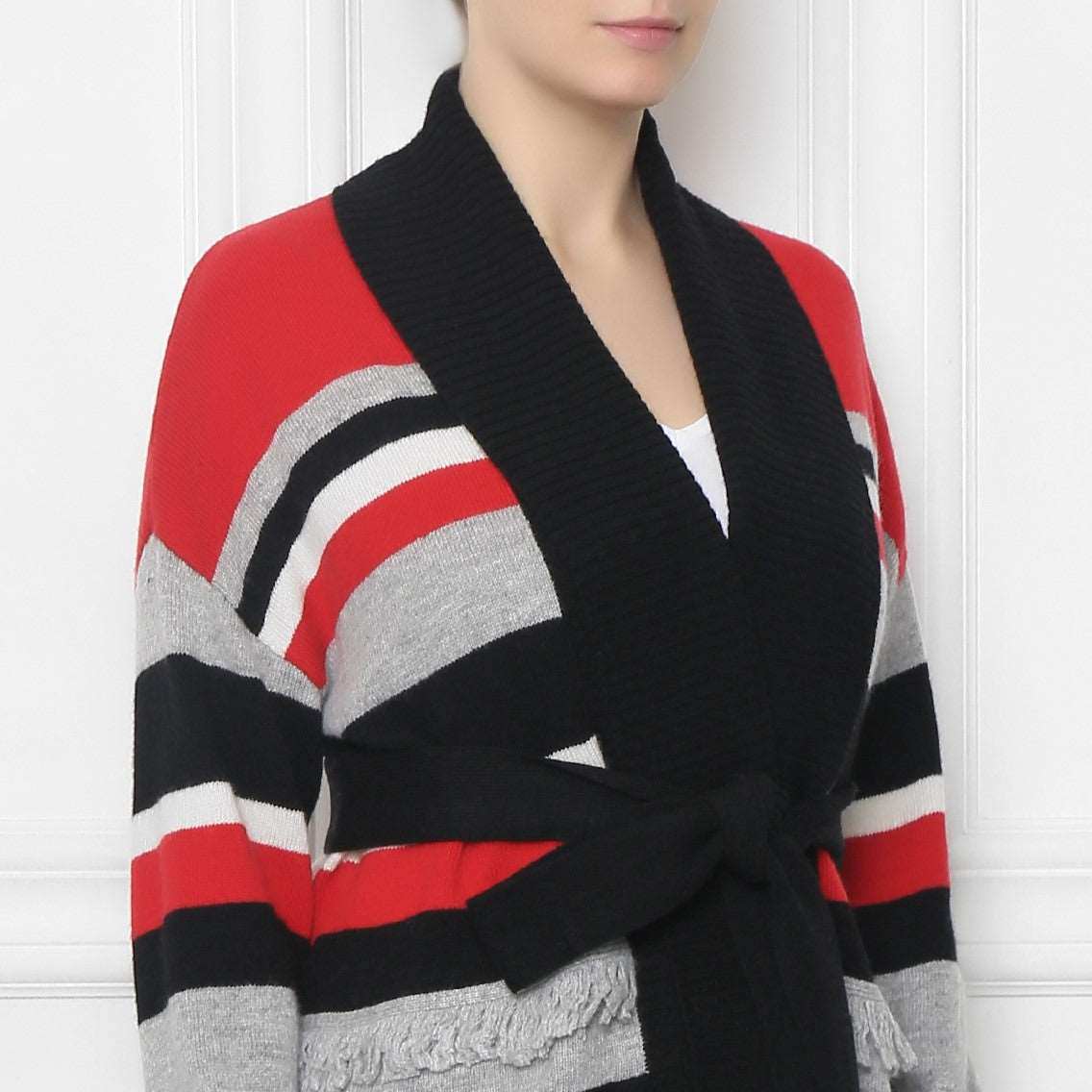 Bright striped cardigan with towel collar and fringed edge, long sleeves, and belt