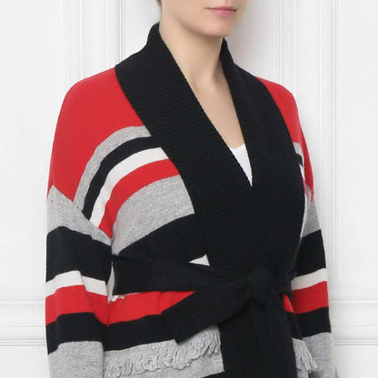 Bright striped cardigan with towel collar and fringed edge, long sleeves, and belt