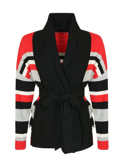 Bright striped cardigan with towel collar, fringed edge, long sleeves, and belt