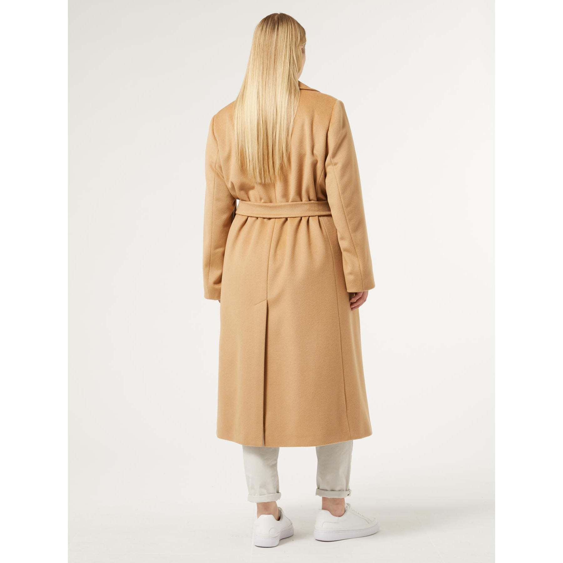 Elegant pure wool coat from Persona by Marina Rinaldi with handmade trim and belt