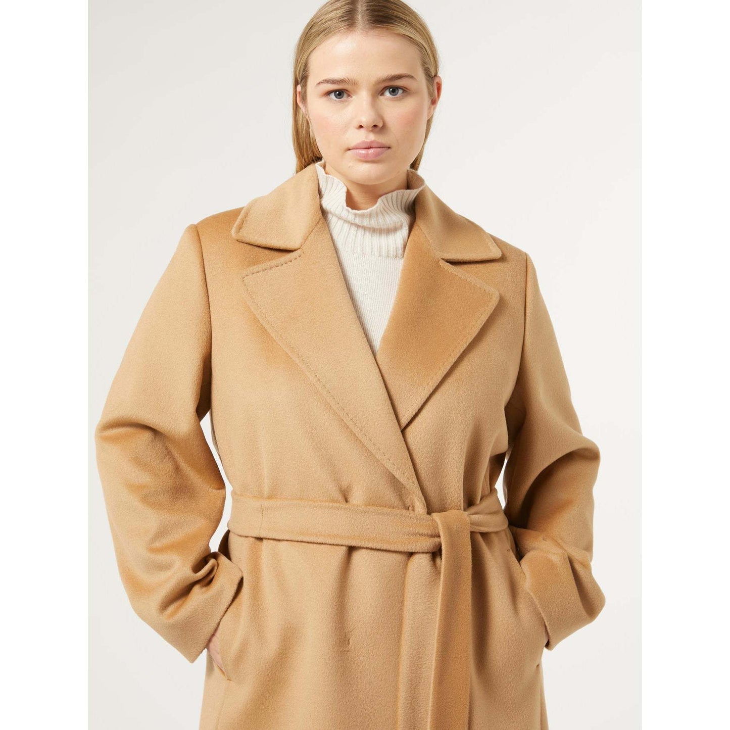 Elegant pure wool coat from Persona by Marina Rinaldi with handmade trim and belt