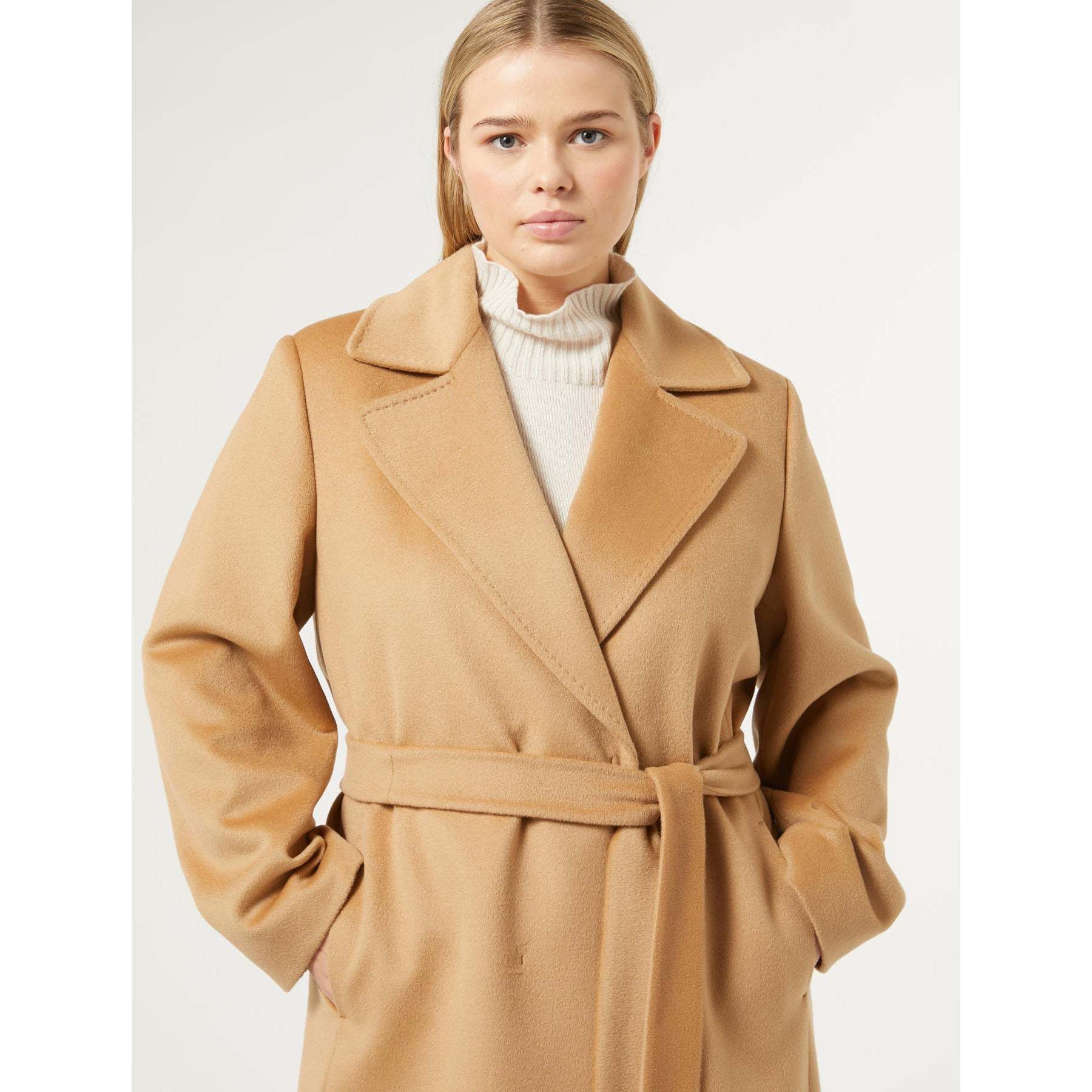 Elegant pure wool coat from Persona by Marina Rinaldi with handmade trim and belt