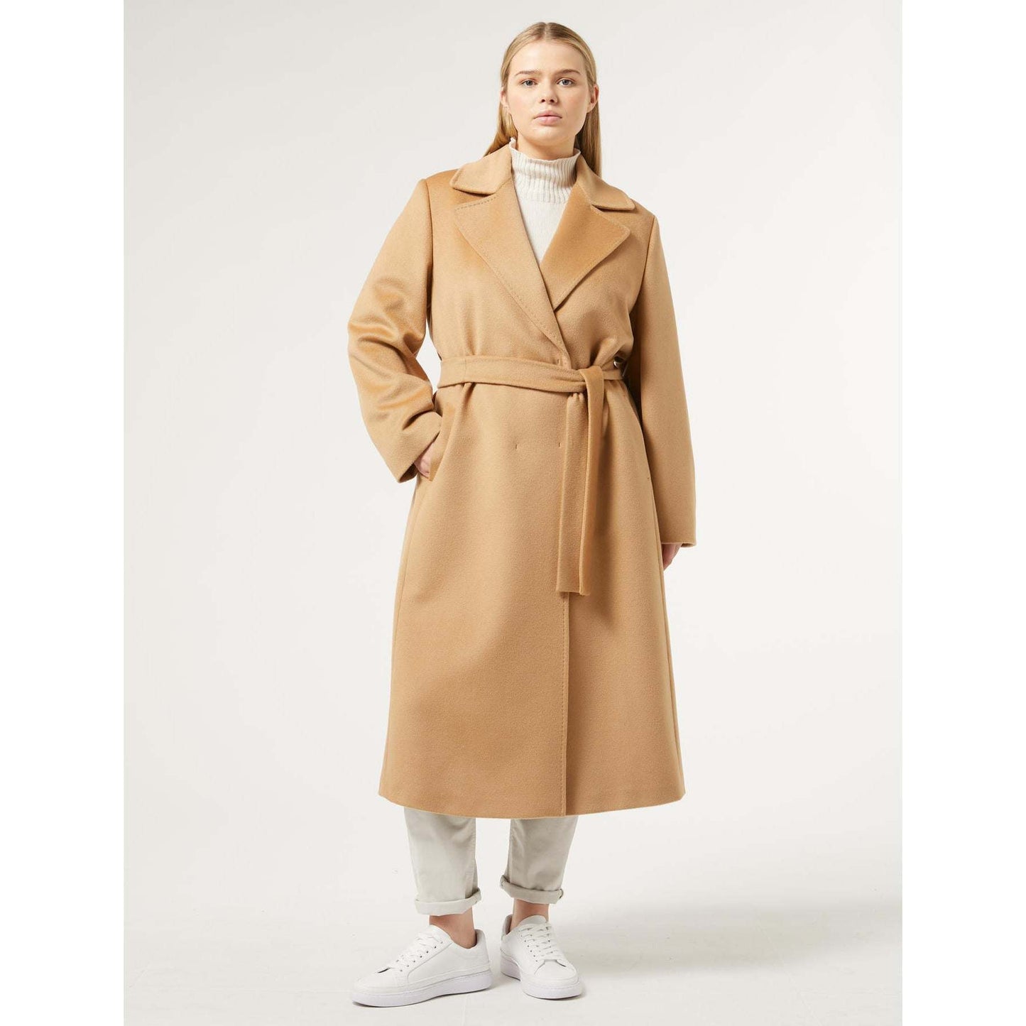 Elegant pure wool coat from Persona by Marina Rinaldi with hand-made trim and matching belt