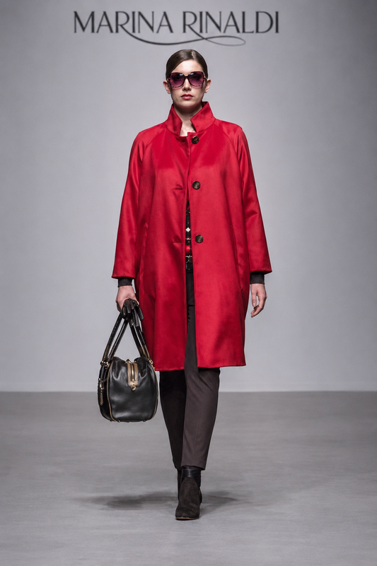 Luxurious crimson-red Coat ORIANA with raglan sleeves, stand-up collar, and welt pockets made from natural wool blend