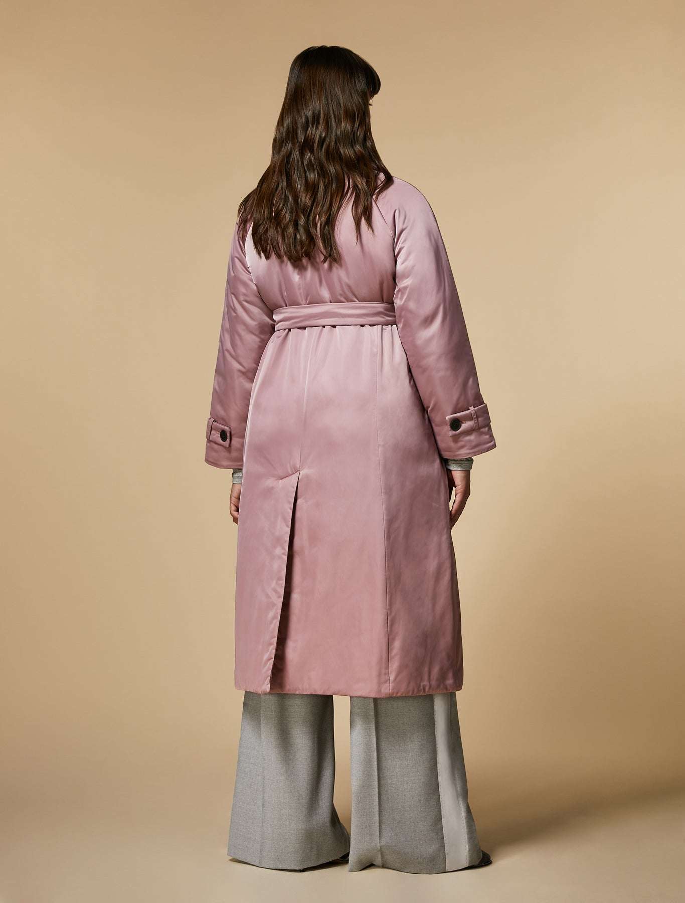 Long padded waterproof quilted coat PEPITA with trench design and belt