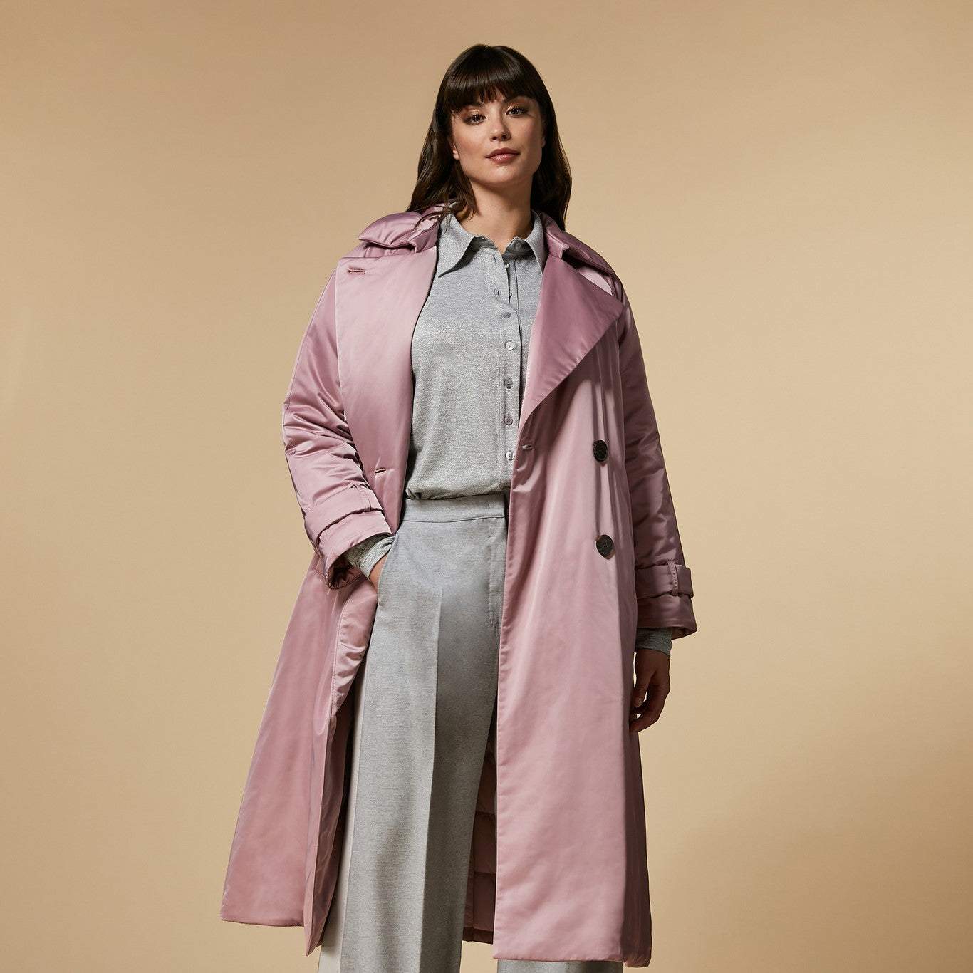 Long padded waterproof quilted coat PEPITA with trench design and double-breasted buttons