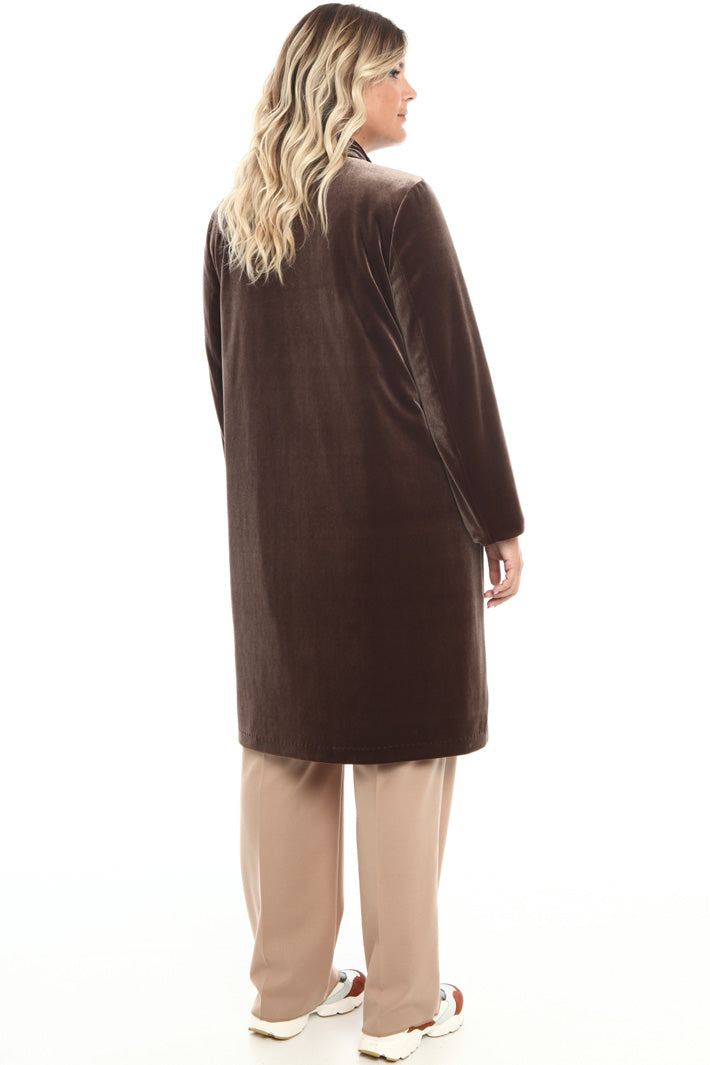 Chocolate brown quilted velvet coat PERSEO with eco-friendly lining and detachable collar