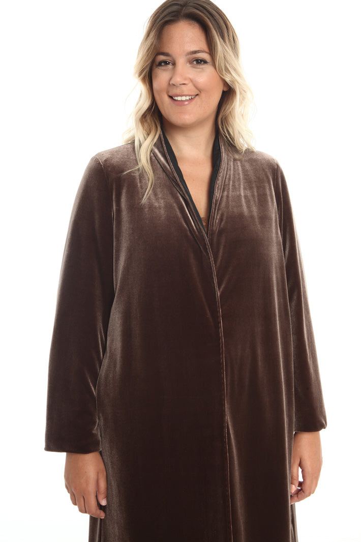 Chocolate brown quilted velvet coat PERSEO with detachable collar and eco-friendly lining