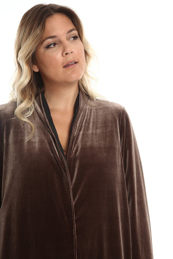 Chocolate brown quilted velvet coat PERSEO with welt pockets and detachable collar