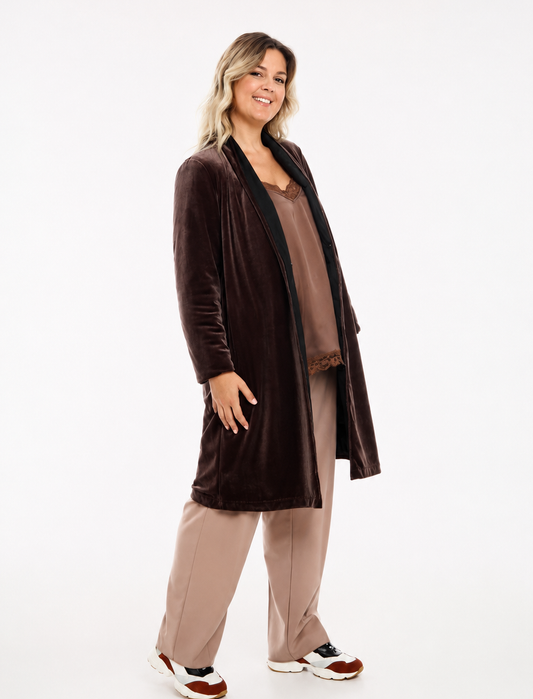 Chocolate brown quilted velvet coat PERSEO with snap button closure and detachable collar