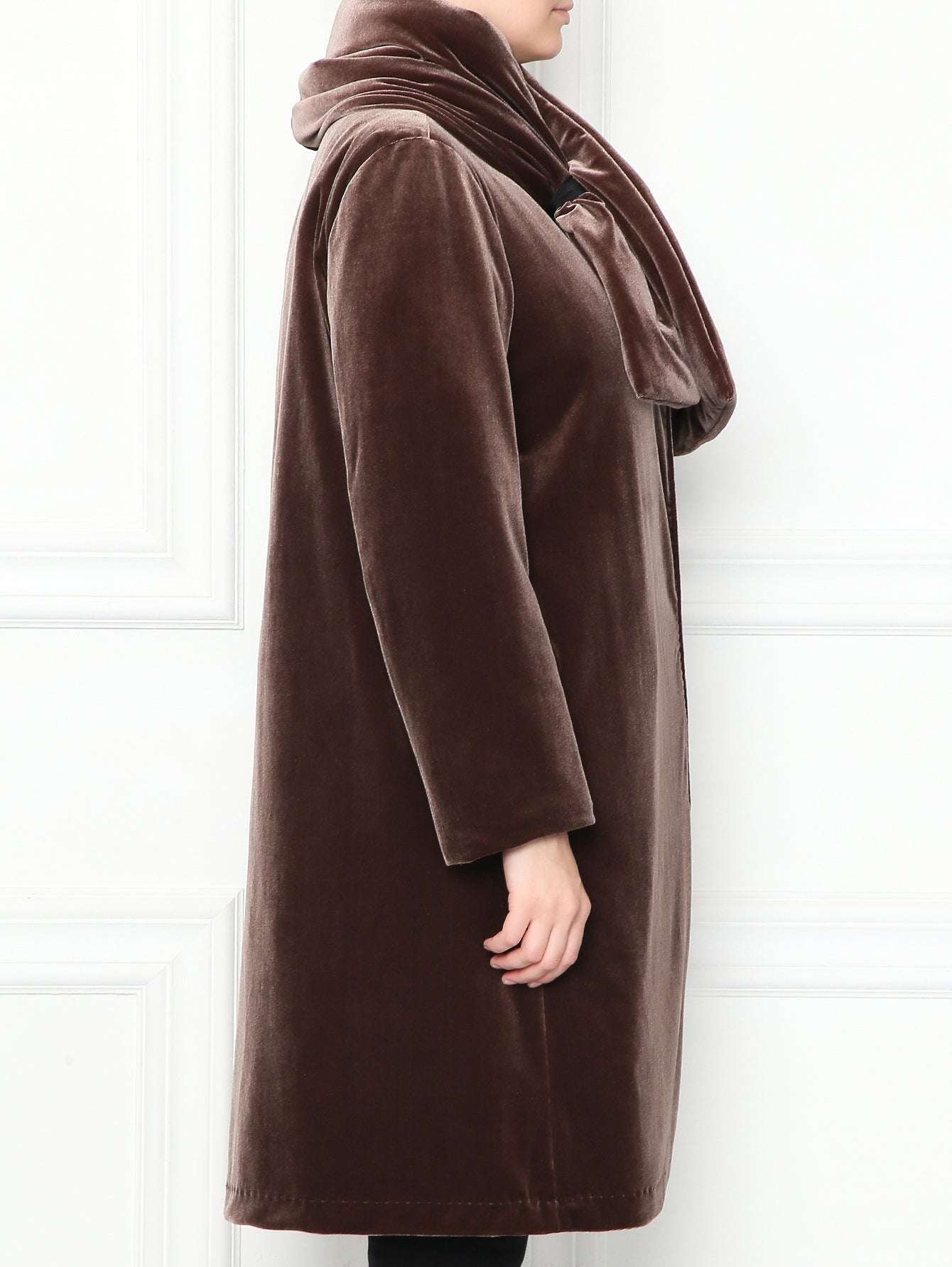 Chocolate brown quilted velvet coat PERSEO with eco-friendly lining and detachable collar