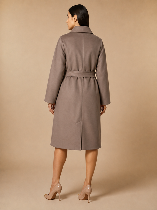 Coat TAVOLO natural wool coffee color with belt and hand stitching