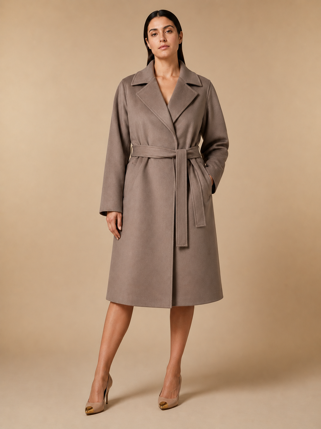 Coat TAVOLO made of natural wool in coffee with milk color, featuring turn-down collar, hidden buttons, French pockets, belt, and decorative hand stitching