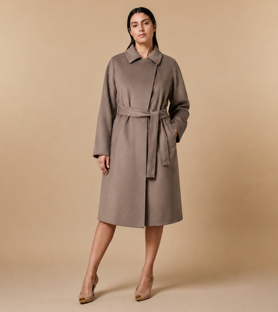 Coat TAVOLO natural wool coffee color with hand-stitched details and belt