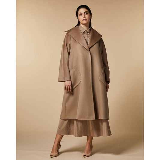 Hand-sewn Coat TEMPO in pure virgin wool with maxi lapel collar and adjustable waist belt