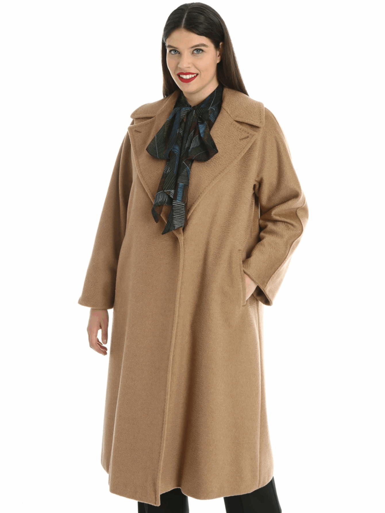 Coat TIGROTTO plus size camel wool coat with turn-down collar and belt