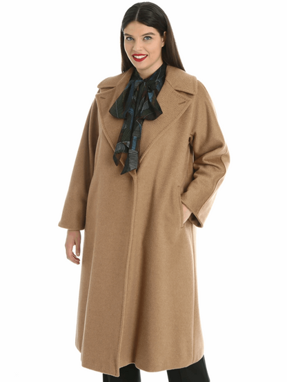 Coat TIGROTTO plus size camel wool coat with turn-down collar and belt