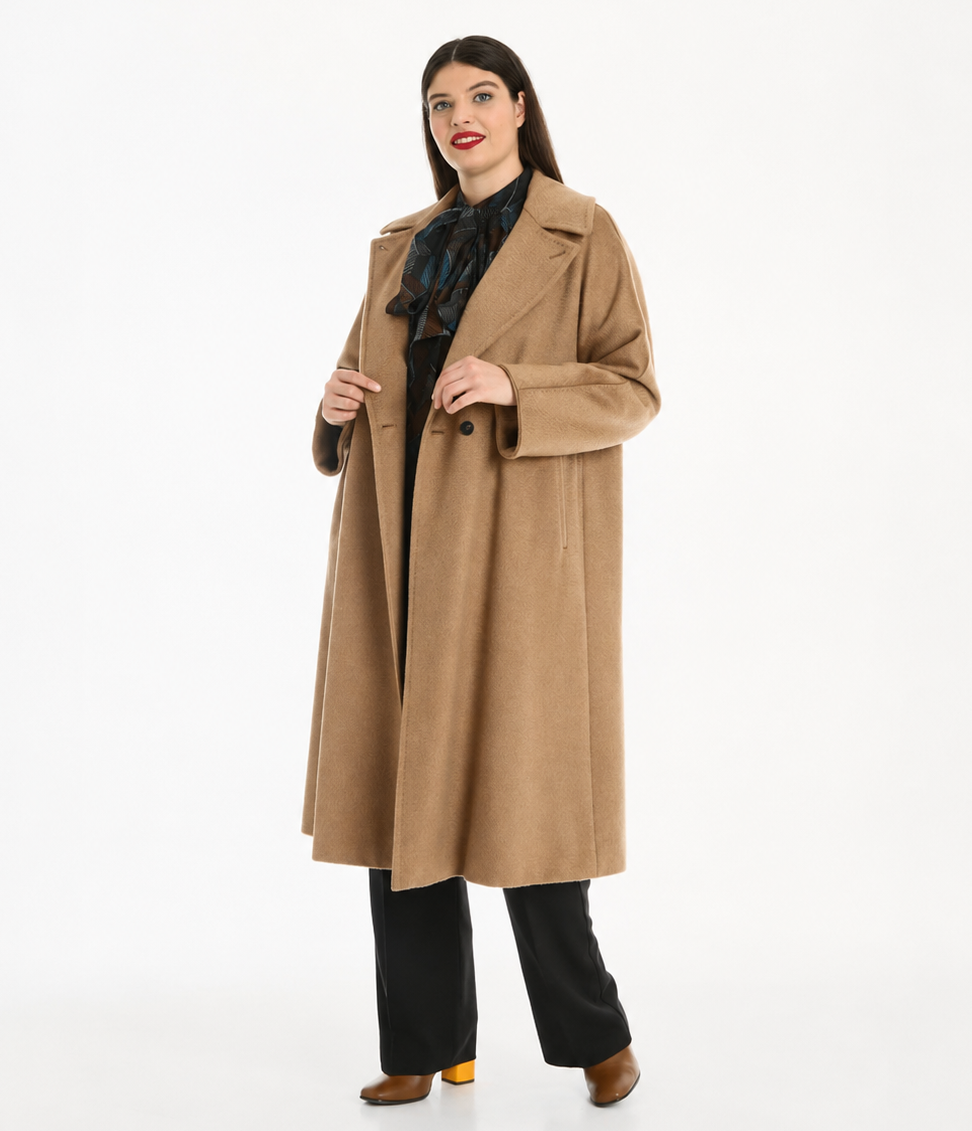 Plus size Coat TIGROTTO in camel wool with turn-down collar, welt pockets, and belt