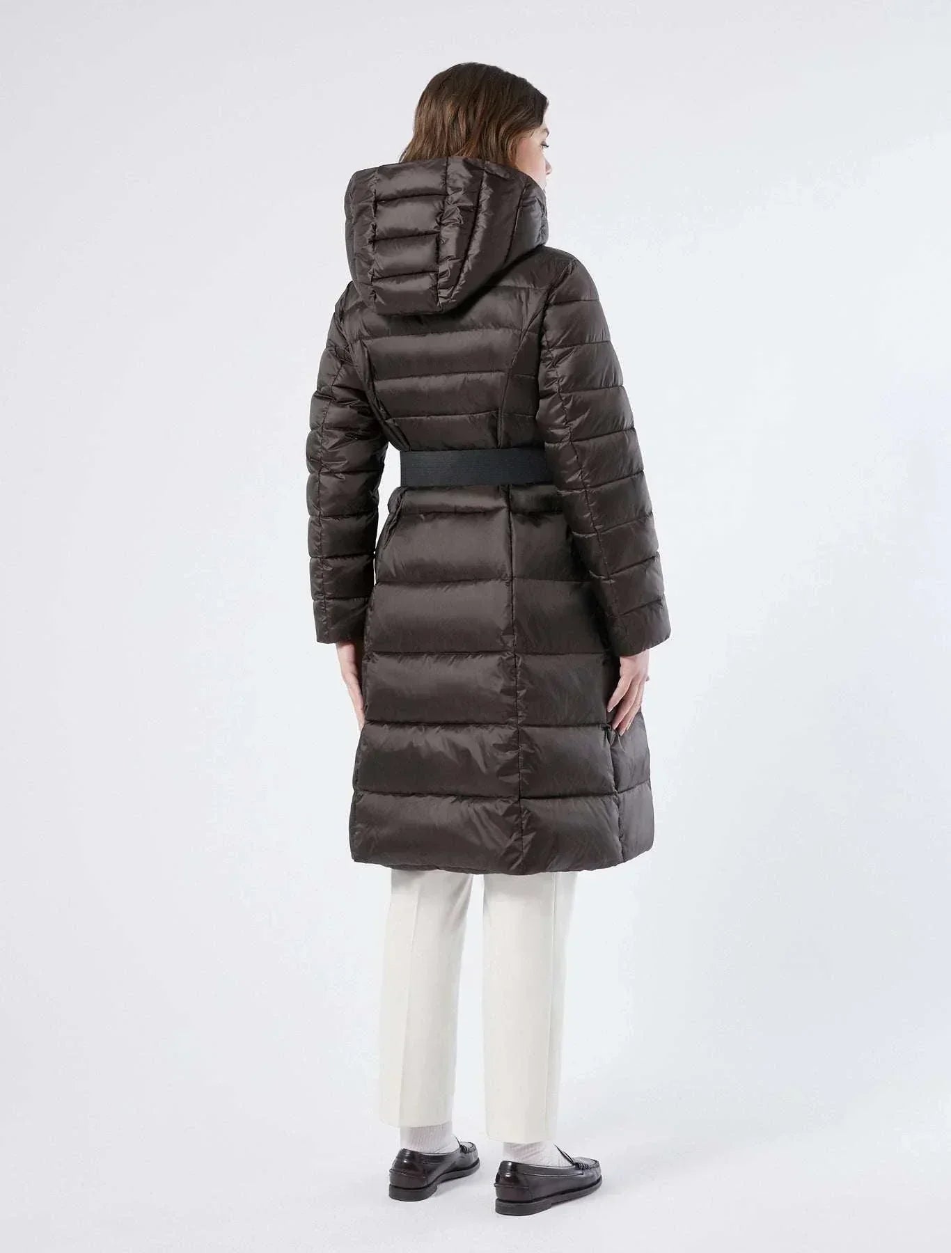 VIADANA iridescent nylon puffer coat with elastic waist belt and removable hood